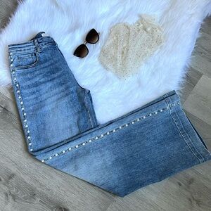 Pearl-Embellished Blue Wide Leg Jeans